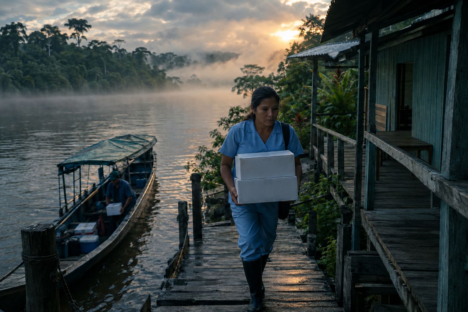 Bote fluvial entregando medicamentos en un puesto de salud rural