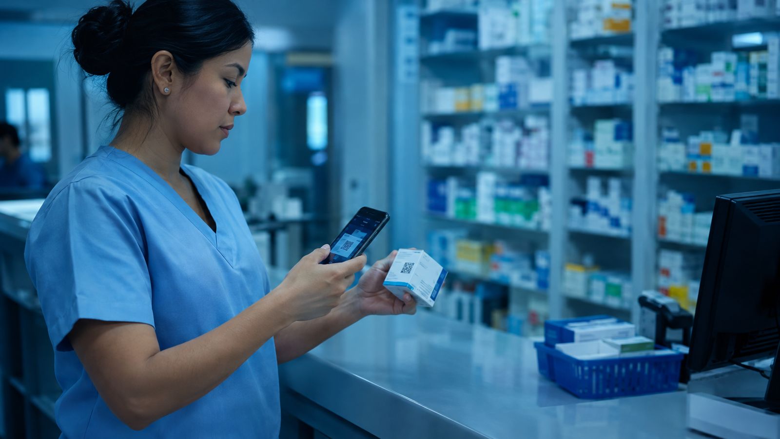 Farmacéutica de un hospital público verificando el código DataMatrix de un medicamento con su teléfono